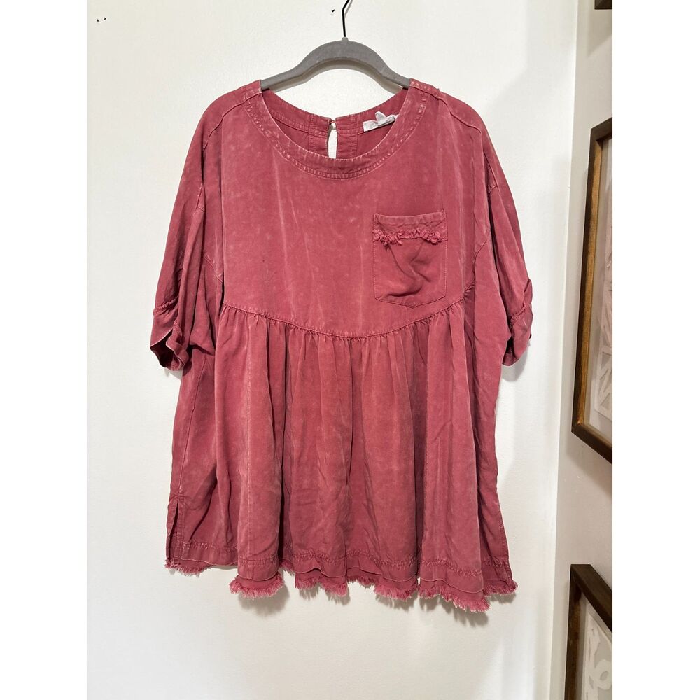 Sewn + Seen Oversized Washed Rose Babydoll Top Boho Artsy